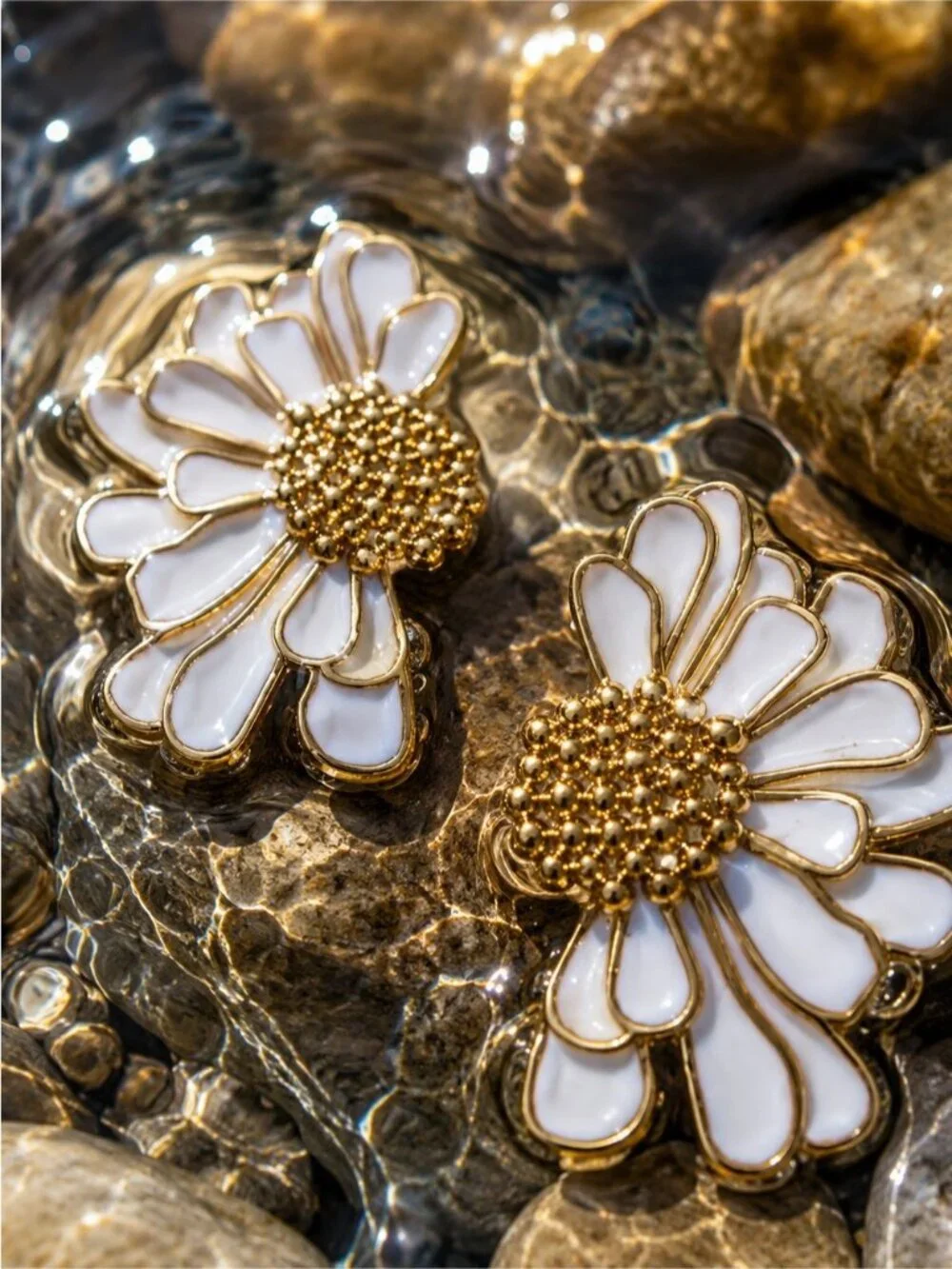 White and Gold Daisy Statement Earrings